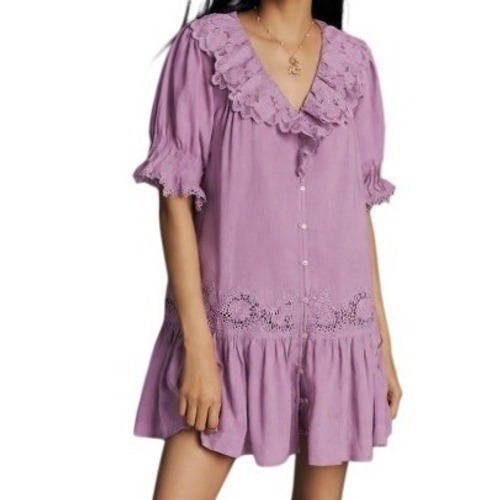 Anthropologie Womens Xl Linen Blend Puff Sleeve V-Neck Tunic Mini Dress In Lilac